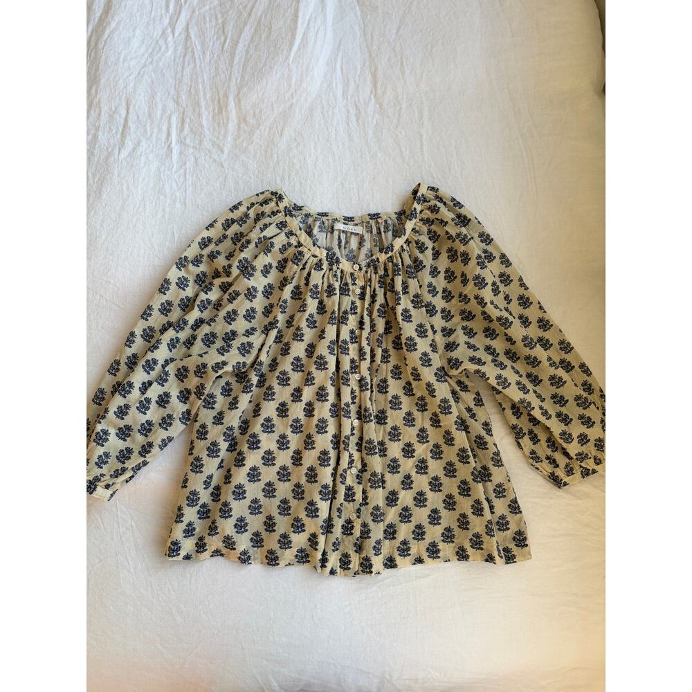 Doen Jiana Cotton Crewneck Button 3/4 Long Sleeve Blouse Top Ivory Meadow Floral